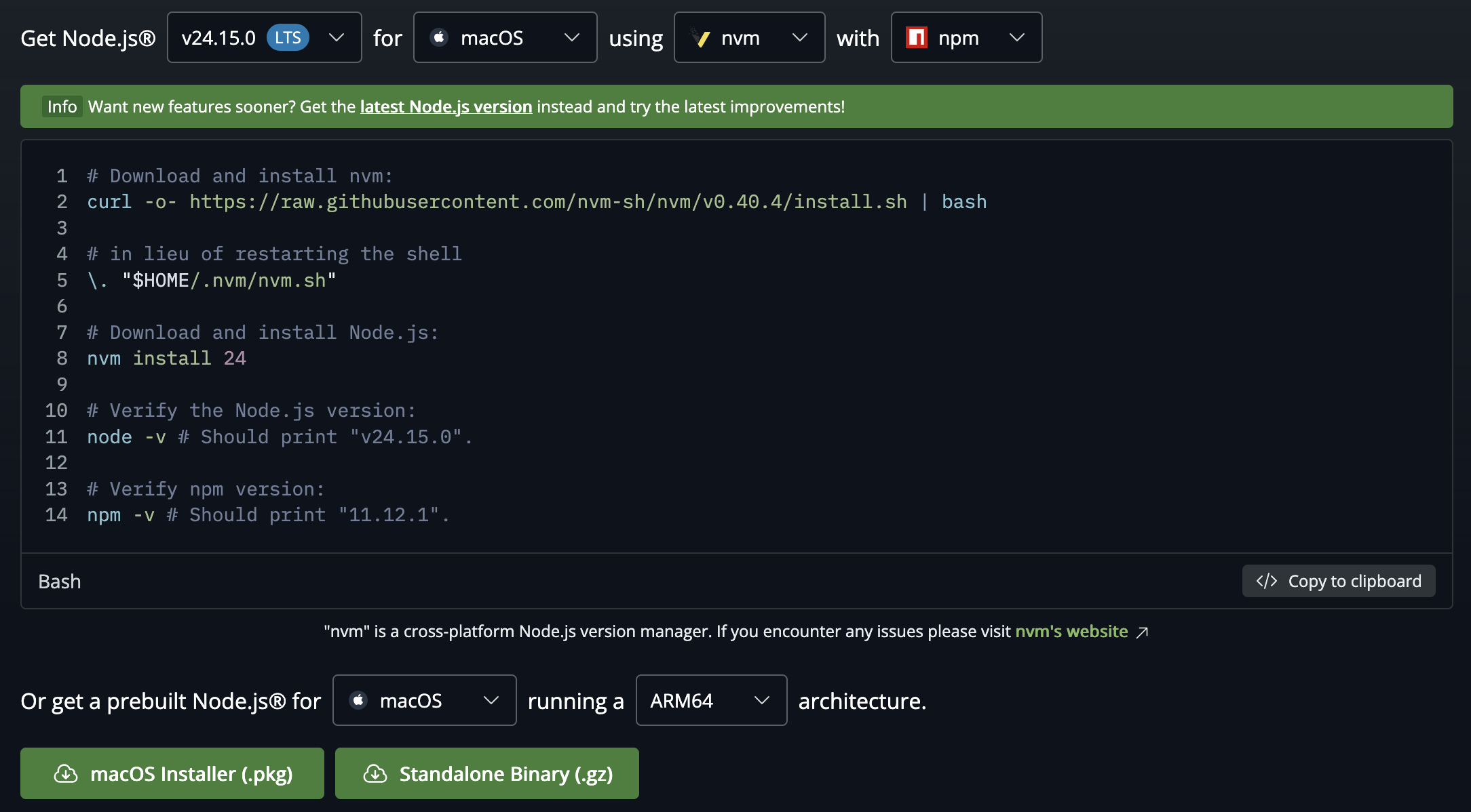 Node.js download page showing the installer option